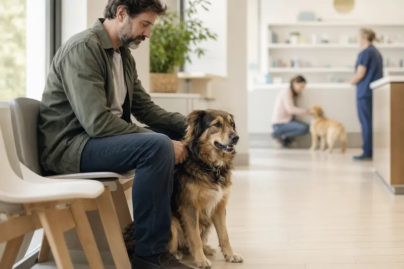 Ein Bakarwal Hund sitzt entspannt neben seinem Besitzer in einem modernen, hellen Wartezimmer einer Tierarztpraxis.